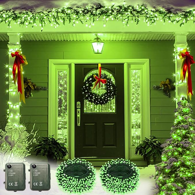 Green Halloween String Lights Battery Powered, 2 Pack Total 33 FT 100 LED Christmas String Lights for Indoor Outdoor Decoration, Twinkle Fairy Light for Party Room Xmas Tree