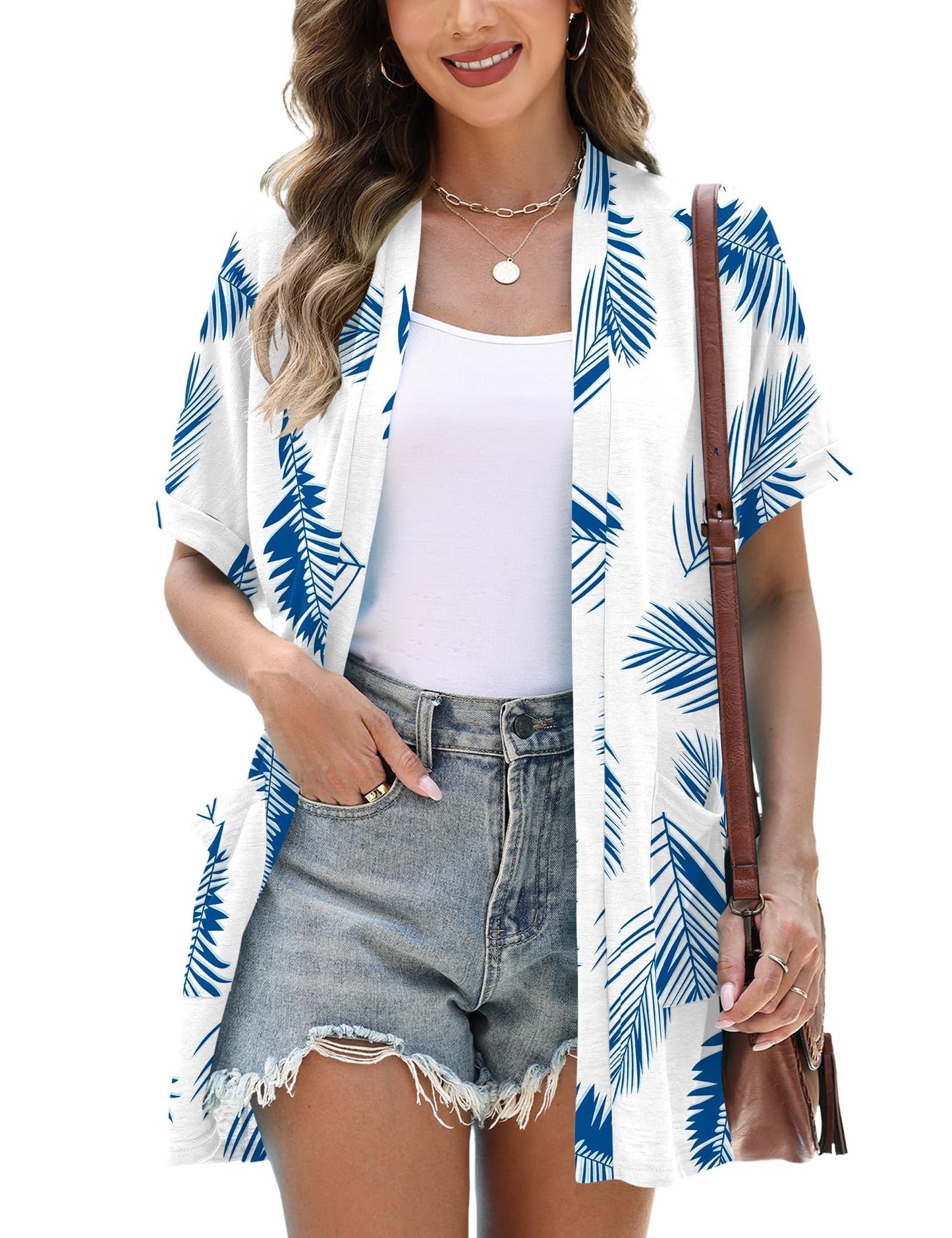 Micoson Women's Lightweight Open Front Kimono Cardigan with Pockets Short Sleeve Casual Loose Cover Up Floral White Blue L