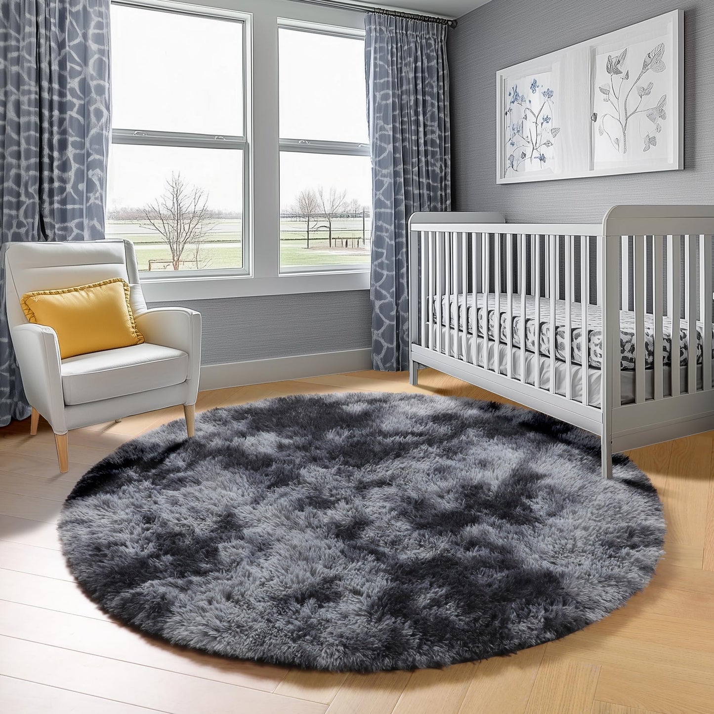 ONASAR Tie-Dyed Dark Grey Round Area Rugs 5ft, Ultra Soft Bedroom Circle Rug for Kids Girls Teen Room, Fluffy Plush Shaggy Carpet Floor Mats for Baby Nursery Living Room Playroom Home Decor