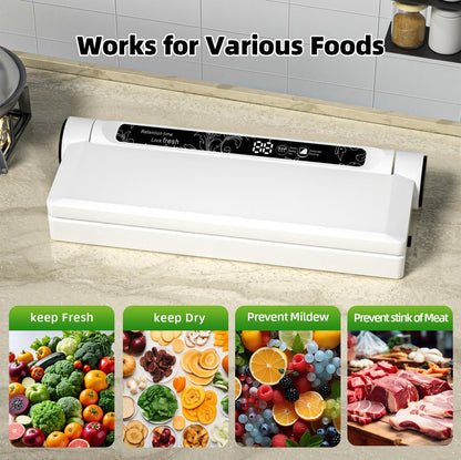 Food Storage Vacuum Sealer Machine, 75KPA Strong Suction, Dry/Wet Modes, 20 Vacuum Seal Bags for Food, Digital Countdown Timer, Compact Lightweight, Ideal for Home Kitchen Use