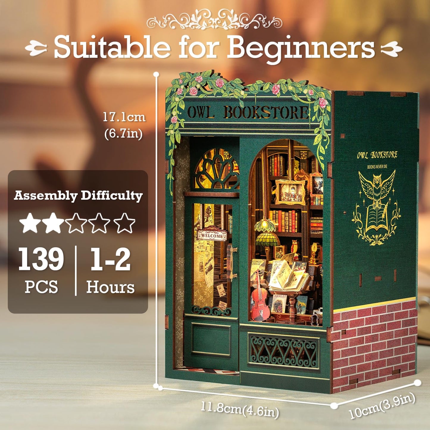 Cutefun Book Nook - 3D Wooden Puzzles for Adults, 139pcs, DIY Miniature House Kit Bookshelf Decor Nook Puzzle Tiny House Gifts for Women Teenagers Book Lovers (OWL Bookstore）