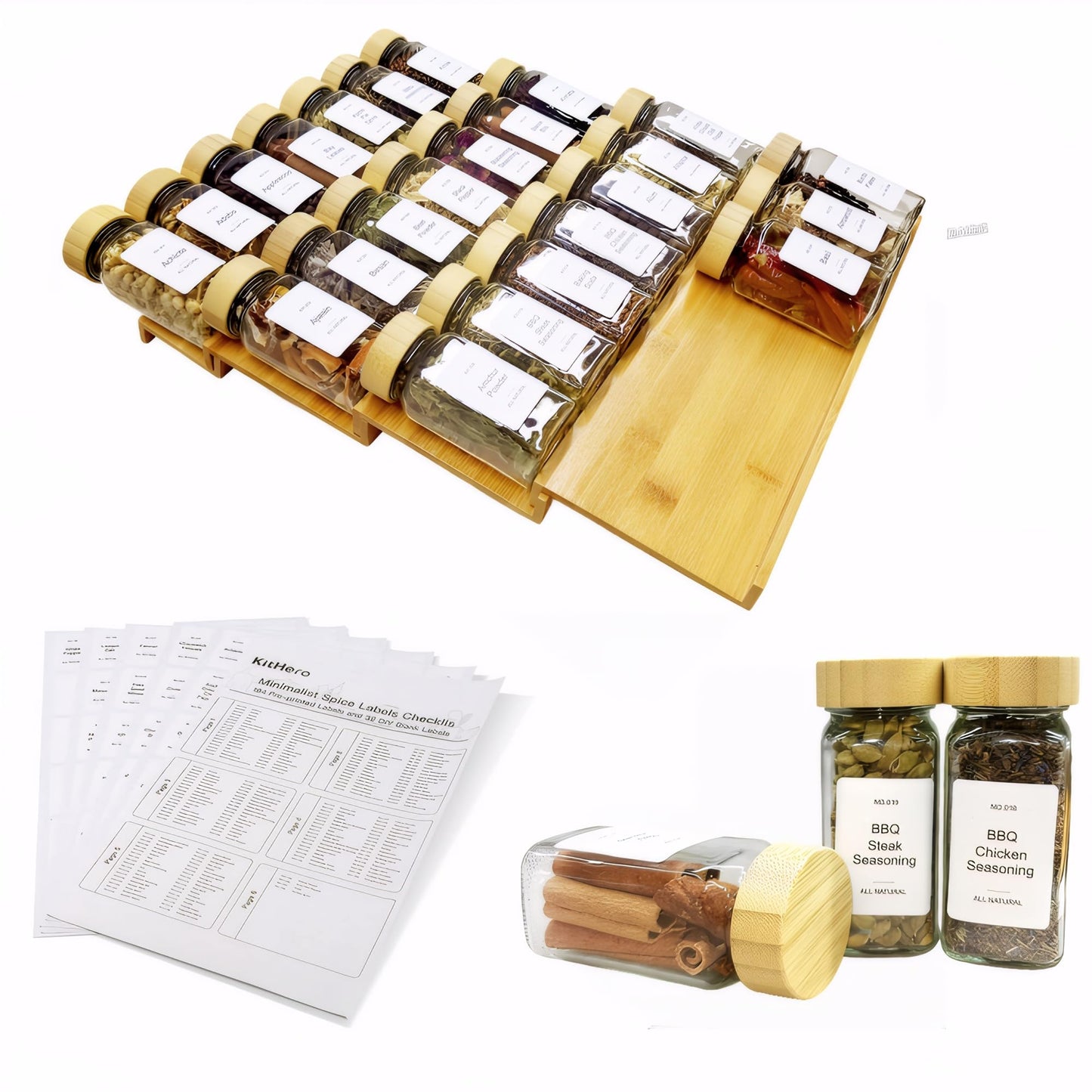 Spice Drawer Organizer with 24 Spice Jars and 216 Labels,Non-slip Rubber, Bamboo 4 Tier Spice Racks Tray Seasoning Containers for Kitchen Drawers,Cabinets,Countertops,13" Wide * 15.8" Deep