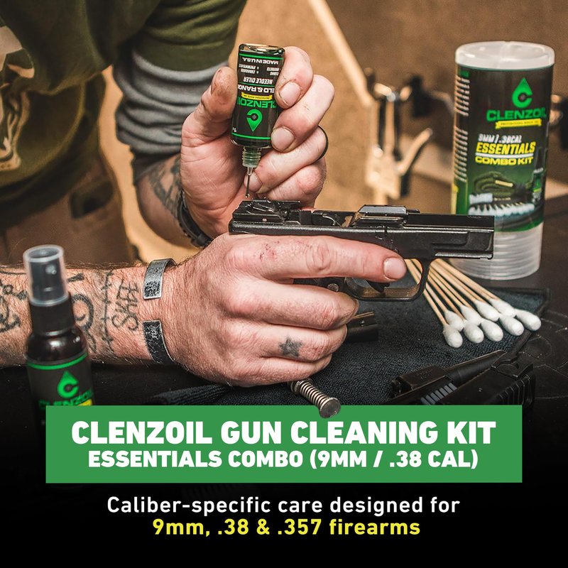 CLENZOIL Field & Range Pistol & Rifle Essentials Gun Cleaning Kit | CLP Spray & Oiler with Bores Cleaner | Clean, Lubricate & Protect | Nylon Brush, Bore Swabs & Microfiber (9mm | 38 Caliber)