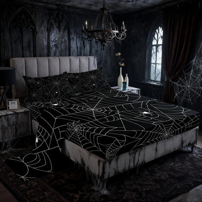 Boys Spider Web Sheet Set for Kids Children Halloween Themed Bed Sheet Set Full Girls Decorative Scary Spider Pattern Sheets Soft Bed Set Black White,Flat Sheet+ Fitted Sheet + 2 Pillow Case
