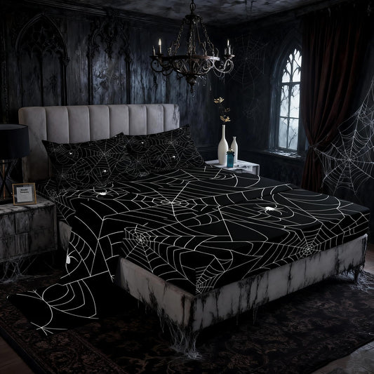 Boys Spider Web Sheet Set for Kids Children Halloween Themed Bed Sheet Set Full Girls Decorative Scary Spider Pattern Sheets Soft Bed Set Black White,Flat Sheet+ Fitted Sheet + 2 Pillow Case