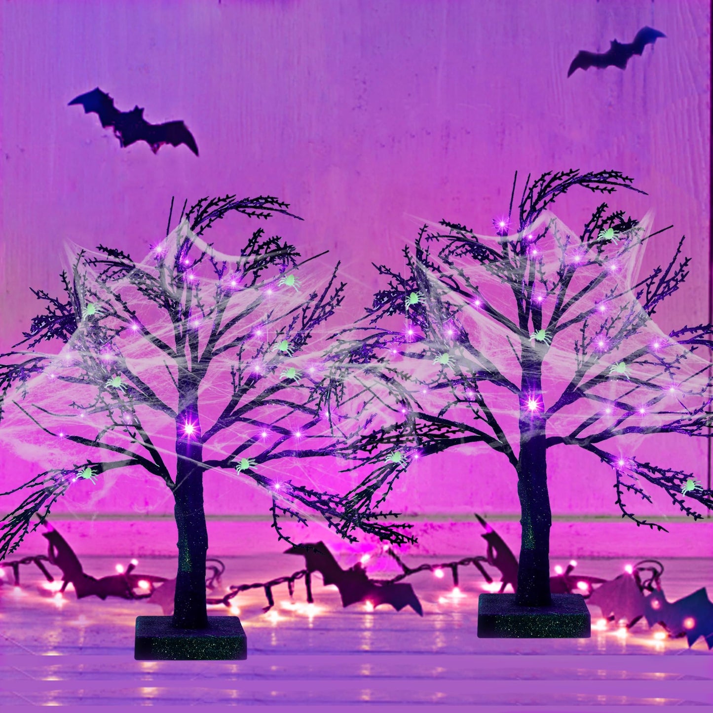 Happy Trees 2 Pcs Halloween Black Spooky Tree with 24 LED Purple Lights, Spider Web and 10 Noctilucent Spiders,18" Artificial Tree Decoration with Timer for Indoor Tabletop Holiday Party
