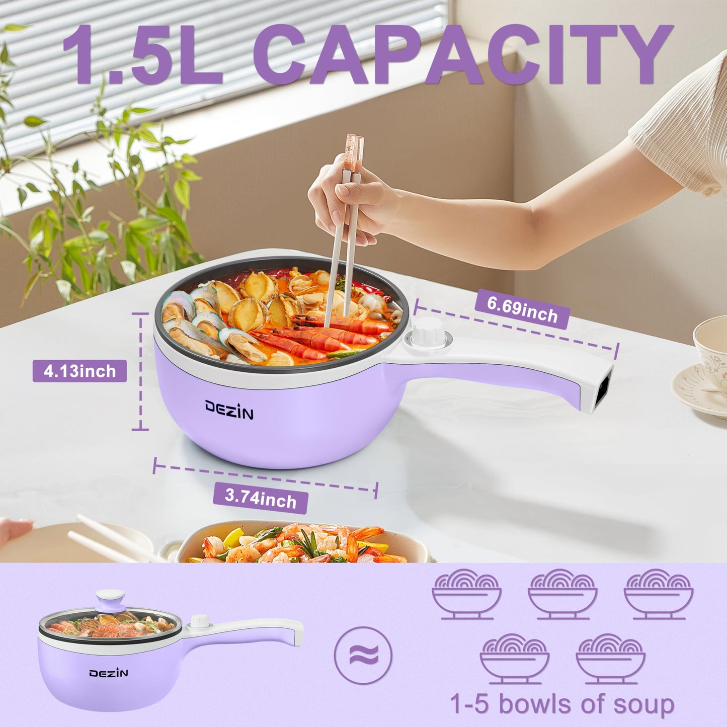 Dezin Hot Pot Electric with Steamer Upgraded, Non-Stick Sauté Pan, Rapid Noodles Electric Pot, 1.5L Mini Pot for Steak, Egg, Fried Rice, Ramen, Oatmeal, Soup with Power Adjustment