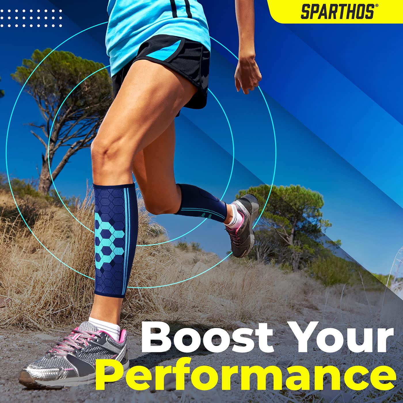 Sparthos Calf Compression Sleeves (Pair) – Leg Compression Socks for Men and Women – Shin Splint, Calves Pain Relief, Sports, Support, Running, Walking Yoga Thigh Hamstring Brace (Blue-S)