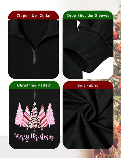 Christmas Sweatshirts for Women - Half Zip & Quarter Zip Pullover Oversized Long Sleeve Tops - Pink & Black Merry Christmas Trees V Neck Outfits - Teen Girls Fall Fashion Y2K Clothes