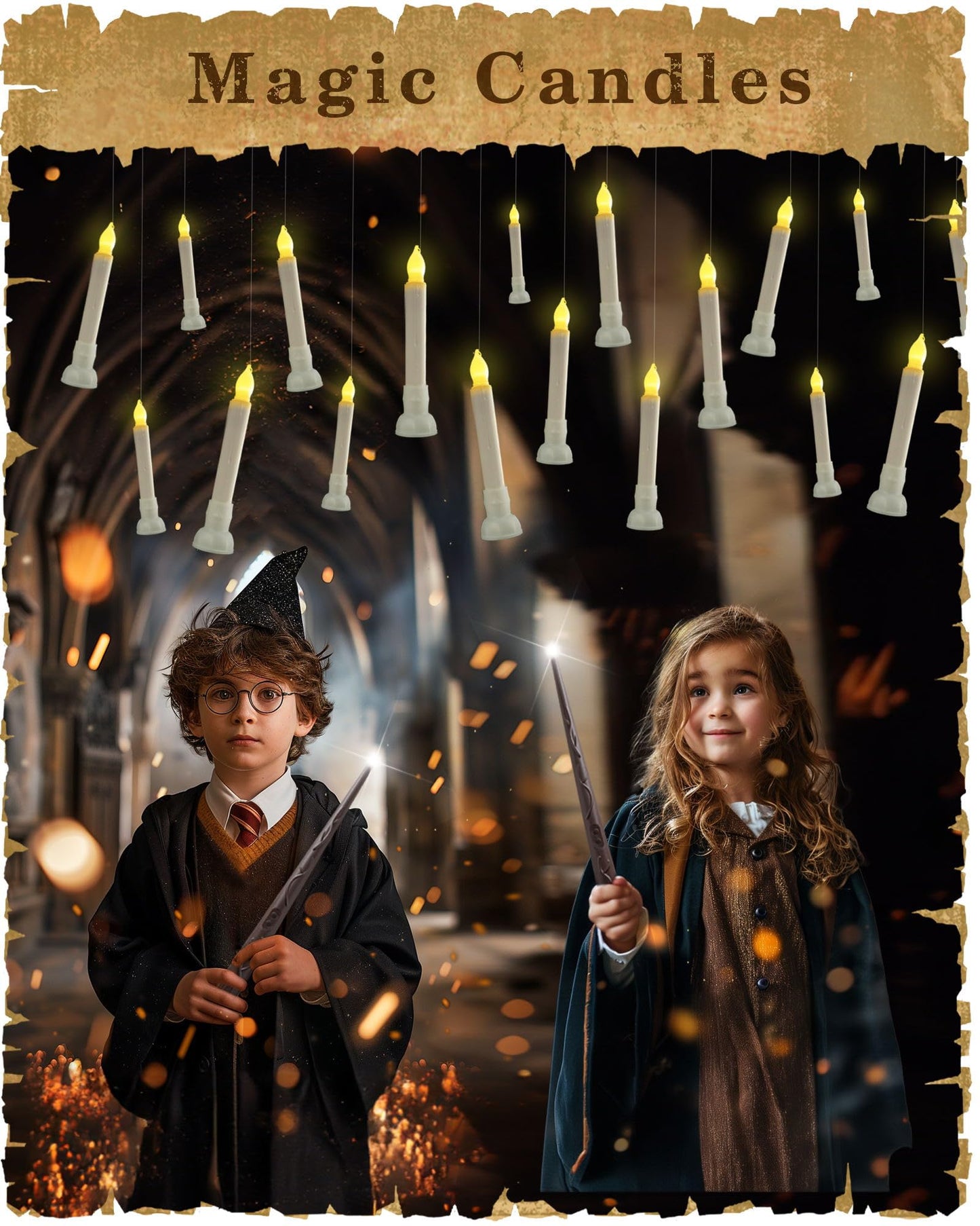 Amagic Batteries Included Floating Candles with Wand Remote, 12pcs Flickering Warm Light Flameless Taper Candles, Magic Hanging Candles with Base for Birthday Party, Halloween Decorations