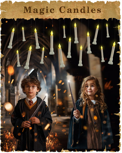 Amagic Batteries Included Floating Candles with Wand Remote, 12pcs Flickering Warm Light Flameless Taper Candles, Magic Hanging Candles with Base for Birthday Party, Halloween Decorations