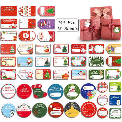 144 Pcs Christmas Self-Adhesive Gift Tag Stickers - Holiday Labels for Santa, Snowman, Tree, Reindeer - Present Name Labels for DIY Xmas Gifts