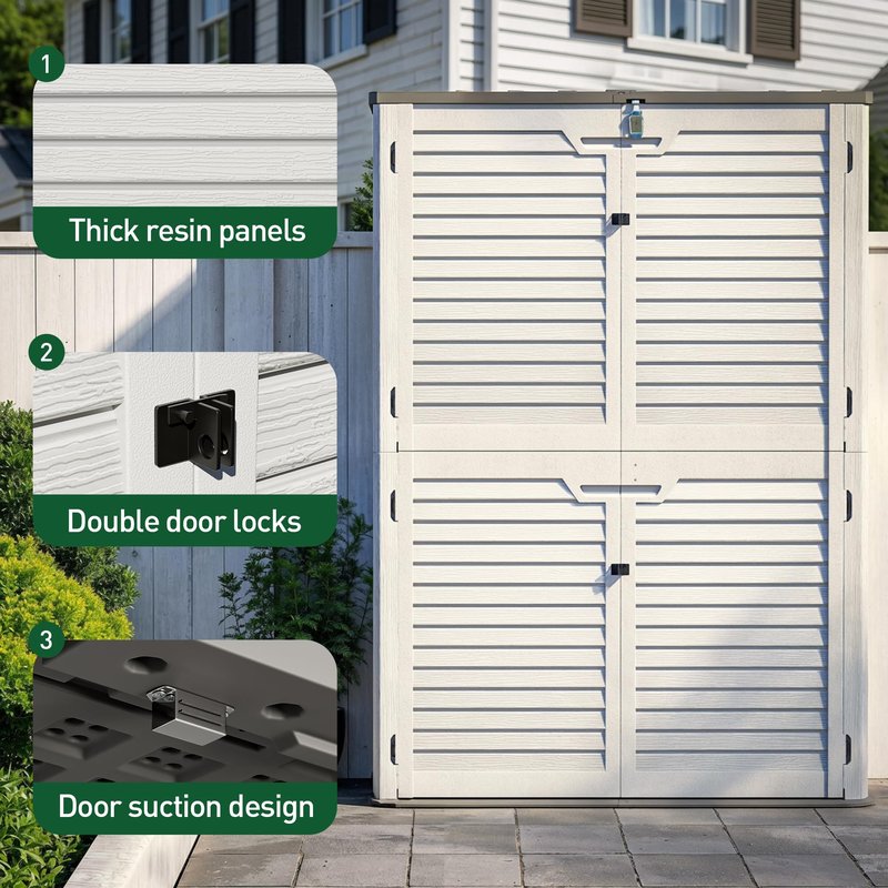 WillowLume 65 Cu.Ft Outdoor Storage Shed, Lockable Outdoor Vertical Resin Storage Cabinet with Floor, All-Weather Waterproof Shed for Garden, Backyard, Pool (65 cu ft - 2 Shelves)