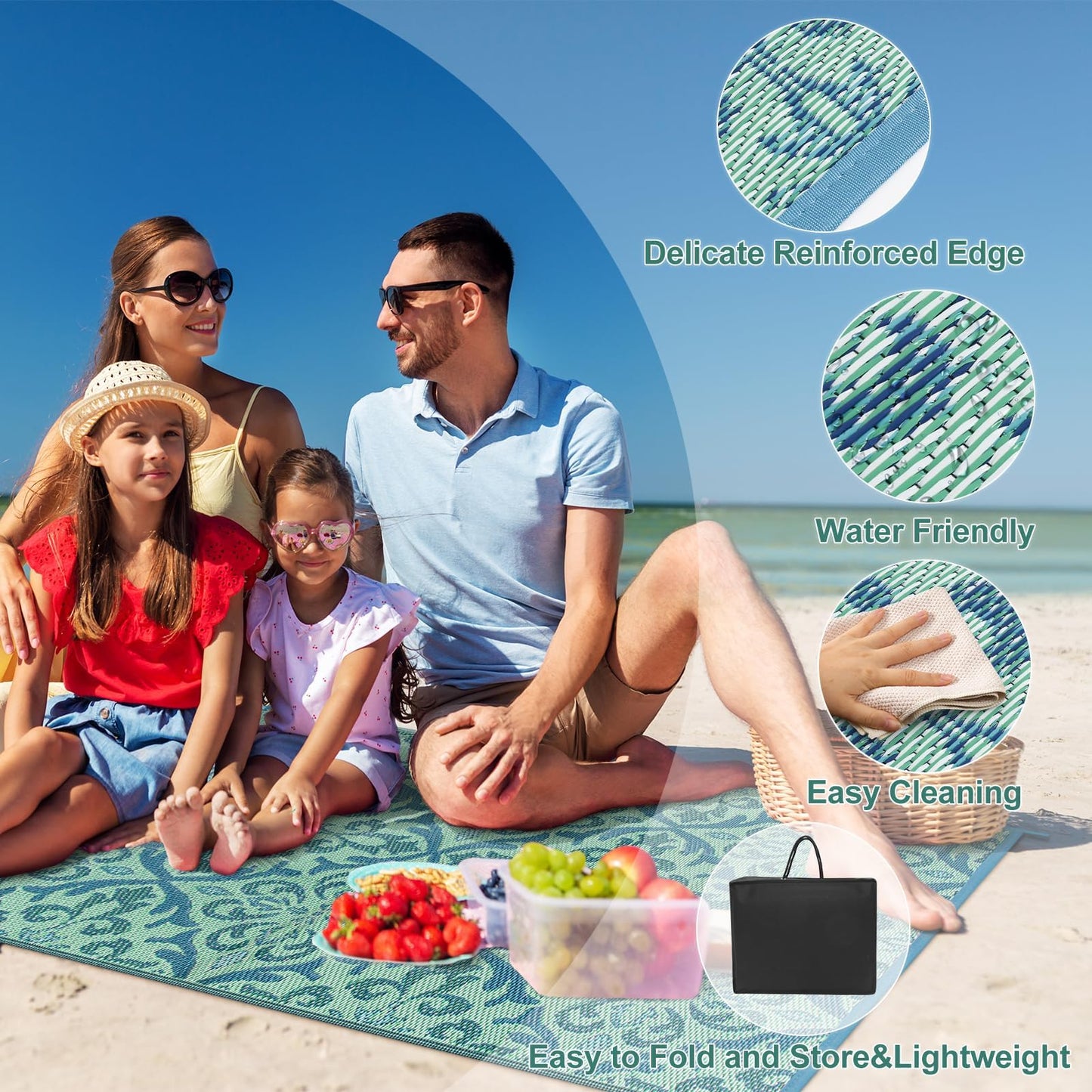 Lahome Waterproof Outdoor Rug 6x9 ft, Reversible Plastic Straw Patio Rug for Camping, RV Mat Outside, Indoor Outdoor Carpet for Porch Deck Backyard Camper Picnic, Light Blue and Green 6x9