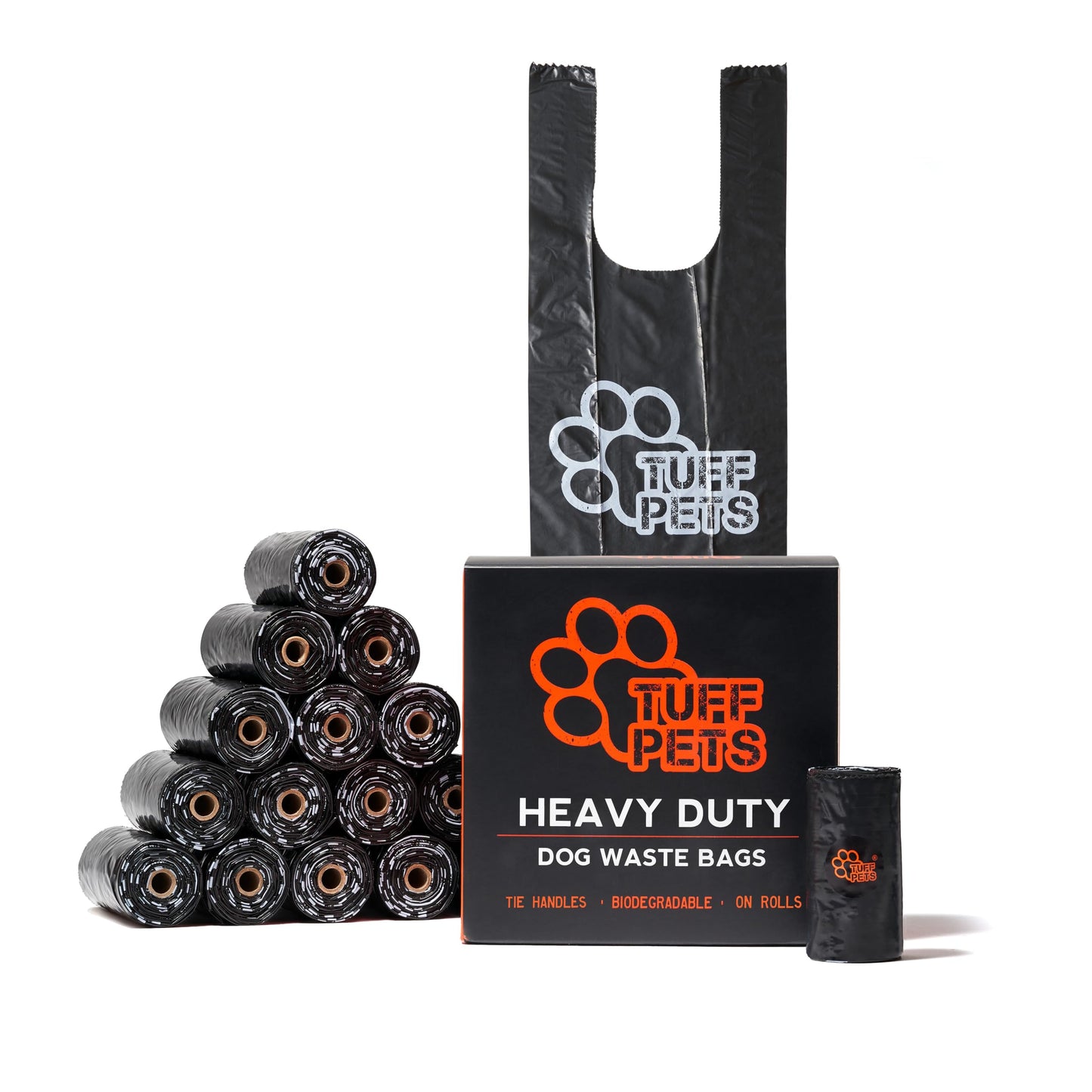 Tuff Pets - Dog Poop Bags Rolls With Tie Handles - 16 Rolls of Biodegradable Poo Bags - Fits in any Dogs Poo Bag Dispenser or Holder - 50% Stronger Than Average Doggy Waste Bags