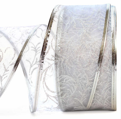 Wire Edged Ribbon Silver Sheer Organza Gift Wrap Ribbon 50 Yards x 2.5 inch Wide Clearance Metallic Wired Trim & Glitter Decorative White 1 Roll Large