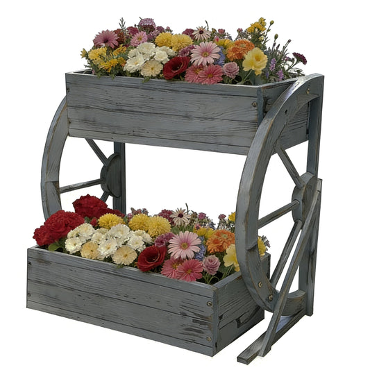 2 Tier Medium Wooden Wagon Planter Box|Outdoor Planter/Flower Pot for Indoor&Outdoor Plants-Rustic Garden Planter for Patio,Porch&Garden Decor-Raised Garden Bed for Succulents,Herbs,Vegetables