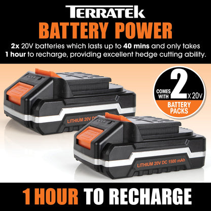 Terratek Cordless Hedge Trimmer Long Reach 20V 1HR Fast Charge, 2.4m Telescopic Hedge Trimmer Cordless Hedge Cutter with 2x Batteries, Shoulder Strap and Charger Included