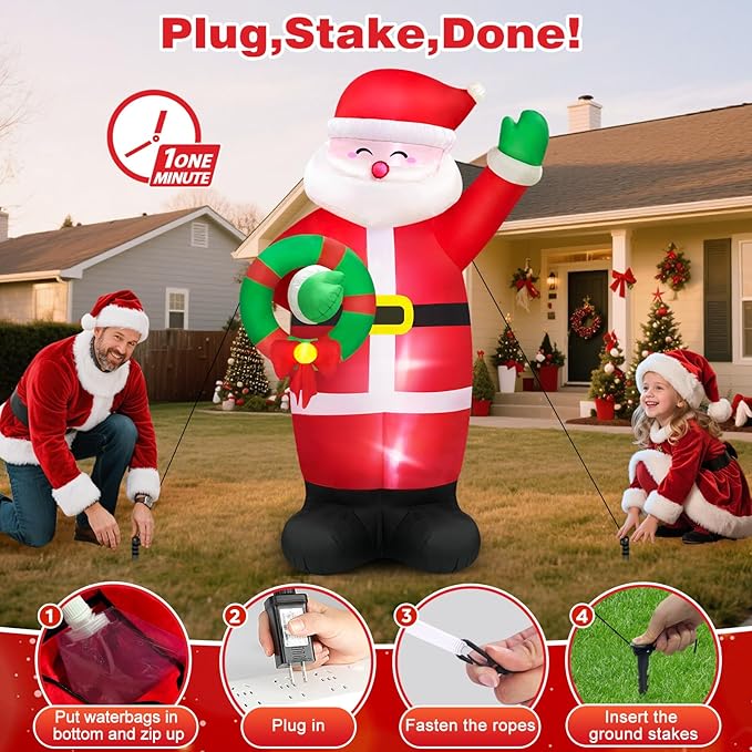 MICOCAH 8 FT Huge Christmas Inflatables Santa Claus Holding Garland Outdoor Decorations, Build in LEDs & Tethers Stakes Giant Inflatable Santa Blow Up Yard Décor for Holiday Xmas Indoor Patio Lawn