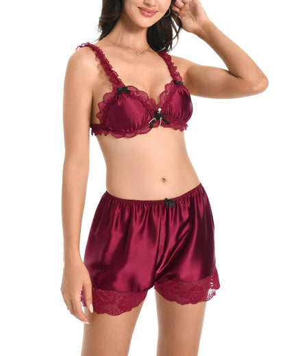 Satini Sissy Frilly Lace Fitted Satin Bralette (Wine Red, XL)