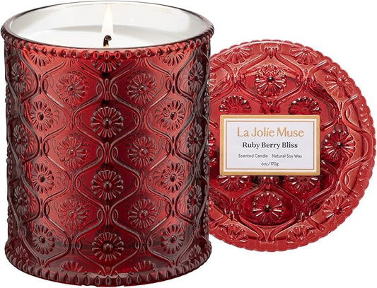 LA JOLIE MUSE Ruby Berry Bliss Christmas Candle | Mandarin, Cranberry & Plum | 6 oz Festive Candle | 40 Hours Clean Burn | Gift for Women & Family