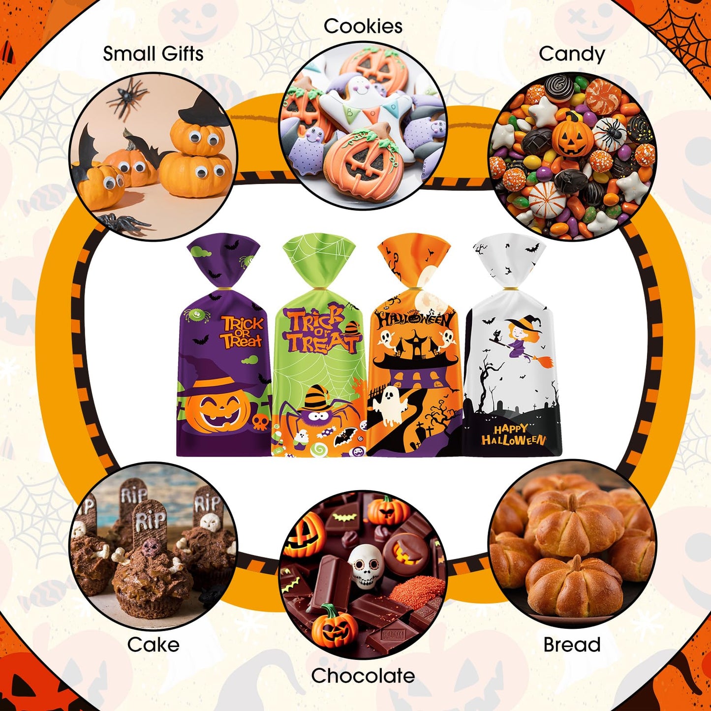 50 Pack Halloween Treat Bags - Plastic Halloween Goodie Bags, Happy Halloweens Candy Bag, Trick or Treat Snack Gift Cellophane Bags with Twist Ties for Kids Hallowen Party Birthday Supplies Favors