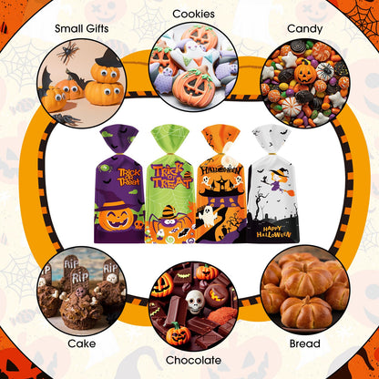 50 Pack Halloween Treat Bags - Plastic Halloween Goodie Bags, Happy Halloweens Candy Bag, Trick or Treat Snack Gift Cellophane Bags with Twist Ties for Kids Hallowen Party Birthday Supplies Favors