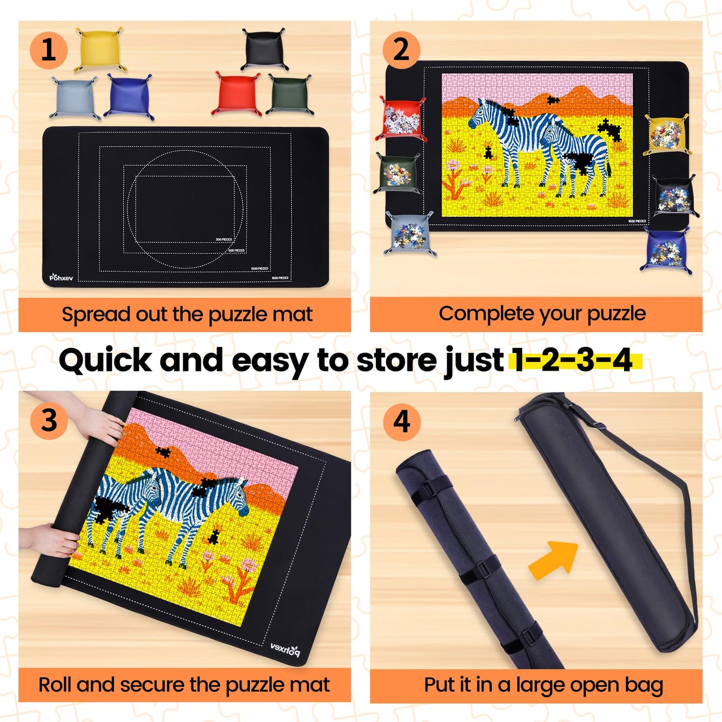 Pohxev Rubber Puzzle Mat Roll Up，Jigsaw Saver Pad Matt Rollup 46" x 26" Up to 1500 1000 500 Pieces, Upgraded Travel Storage Bag with 6 Sorting Trays Portable Keeper with Non-Slip Bottom.
