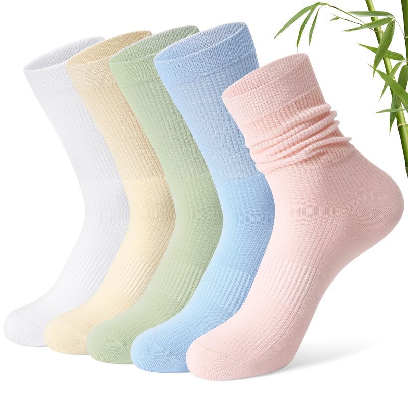 FITRELL Women's Soft Bamboo Rayon Dress Socks, Thin Breathable Calf Crew Scrunch Socks for Casual Trouser 5 Pairs, White/Cream/Green/Light Blue/Light Pink, Medium