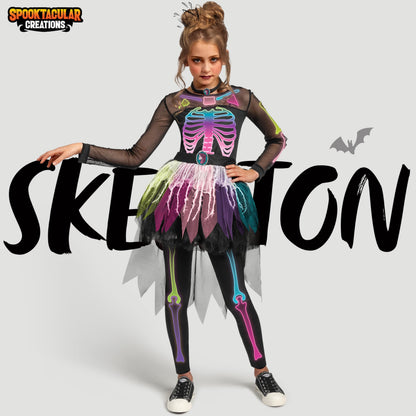Spooktacular Creations Funky Skeleton Tutu Dress for Girls, Punky Bones Colorful Skeleton Costume for Halloween Dress Party-S