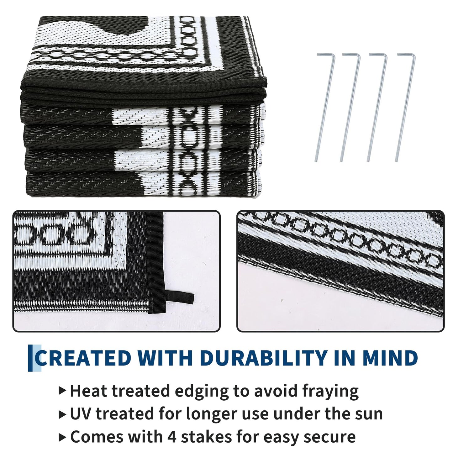 Garvee Outdoor Rug 8x10 Scalloped Waterproof Patio RV Outdoor Rugs Reversible Foldable Plastic Straw Rug Modern Camping Carpet for Deck Camper Porch Balcony Backyard Picnic Beach Black and White