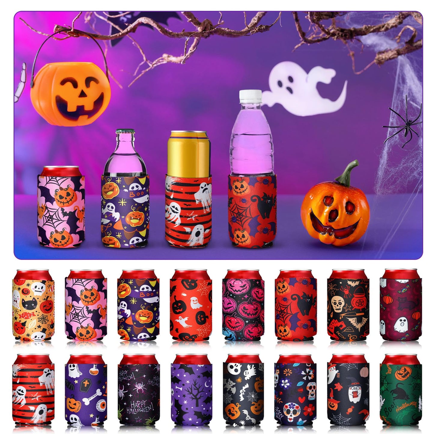 CHENGU 16 Pcs Beer Can Sleeves Halloween Cooler Insulated 12oz Neoprene Soda Holder Non Slip Colored Drink Can Covers for Bottles Home Kitchen Office Bar