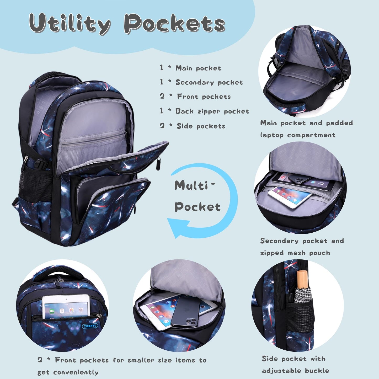 Galaxy-Print Backpack Rucksack for Boys Middle-School Elementary Bookbag