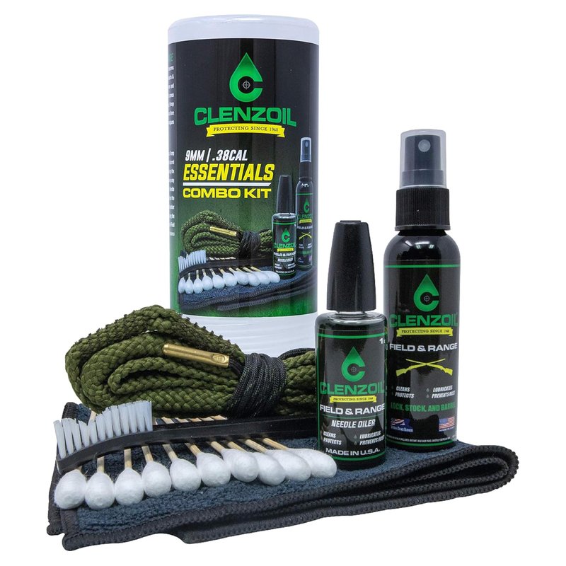CLENZOIL Field & Range Pistol & Rifle Essentials Gun Cleaning Kit | CLP Spray & Oiler with Bores Cleaner | Clean, Lubricate & Protect | Nylon Brush, Bore Swabs & Microfiber (9mm | 38 Caliber)