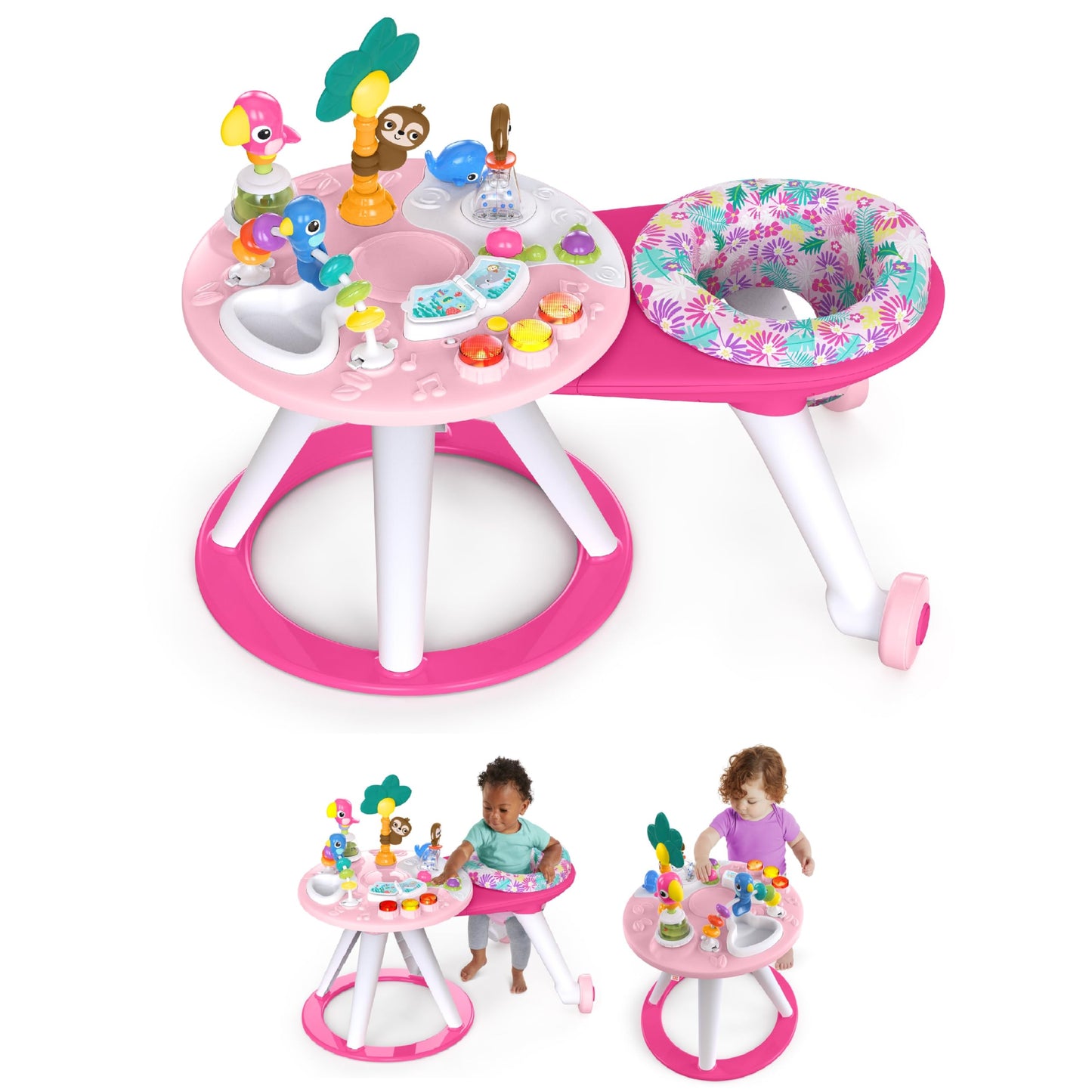 Bright Starts Around We Go 2-in-1 Baby Walker, Discovery Activity Center and Table, Tropic Coral, Ages 6 Months+