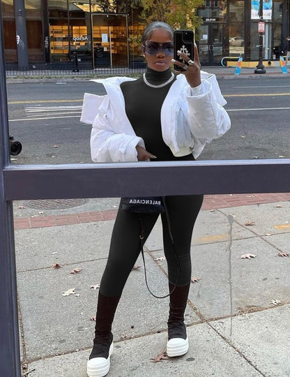 BORIFLORS Long Sleeve Jumpsuit for Women Sexy Turtleneck One Piece Bodycon Rompers Clubwear, Medium, Black