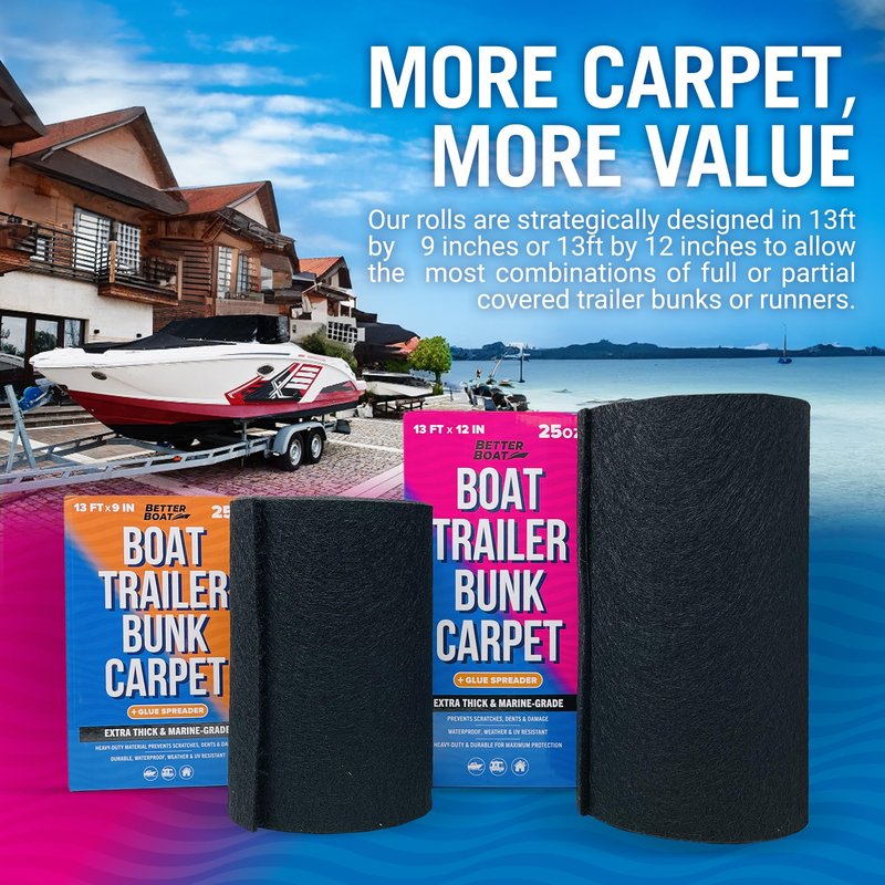Boat Trailer Bunk Carpet Black, 13ft x 12in Roll, 1/4" Extra Thick Marine Grade, Replacement for Bunk Boards and Runners, Glue Spreader Included - Better Boat - 1 Pack