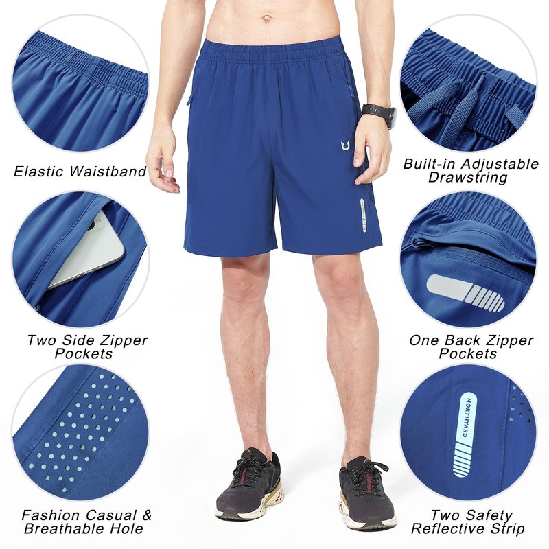 NORTHYARD Men's Athletic Running Shorts Gym Workout 7"/9"/5" Quick Dry Lightweight Sports Basketball Tennis 3 Zipper Pockets RoyalBlue 4XL
