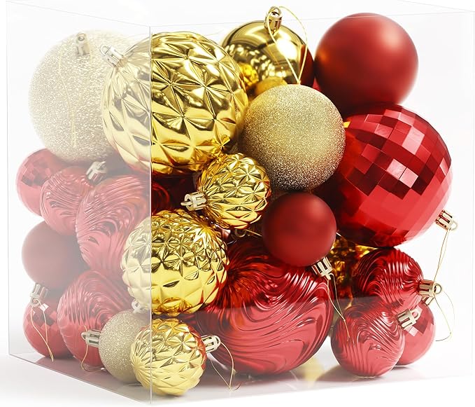 Annecy Christmas Tree Ornaments - 36 PCS Shatterproof Christmas Ball Ornaments Set for Holiday, Wreath & Party Decorations (Multi-Size, Red, Gold)