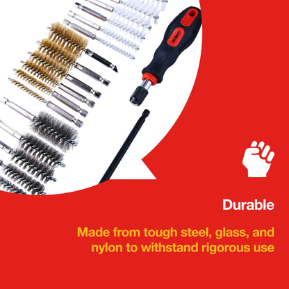 Amtech - Set of Small Wire Brushes for Cleaning, Made from Tough Steel, Glass, and Nylon, Versatile Choice of Sizes with 1/4” Hex Drive Shank, Comfortable Handle, Extended Reach (20pc)