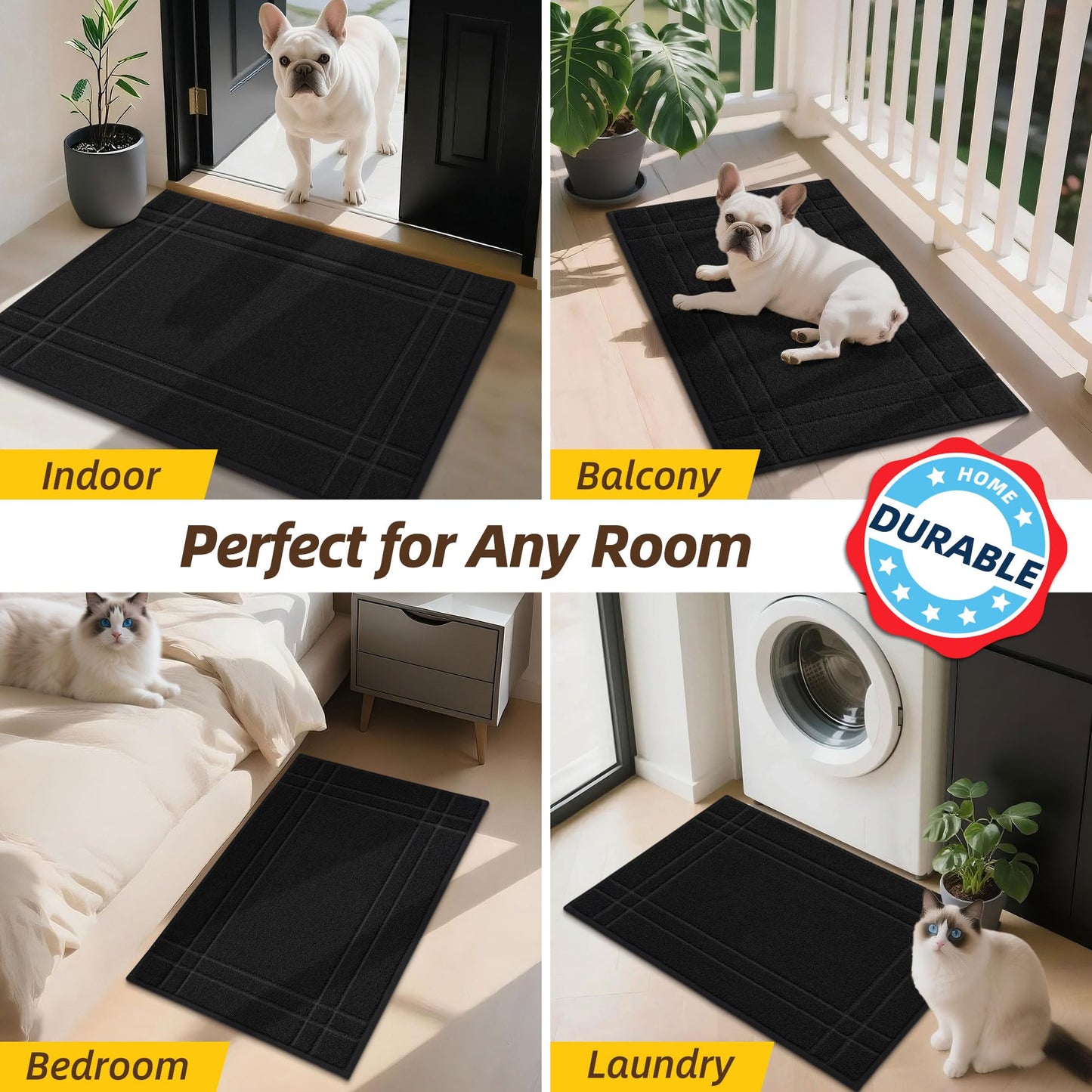 JSEI Door Mat for Entrance, Washable Low Profile Doormat for Front Door & Back Door, Absorbent Entryway Rugs with TPR Non-Slip Backing for Wet Shoes & Dirty Paws, 24" x 36", Black