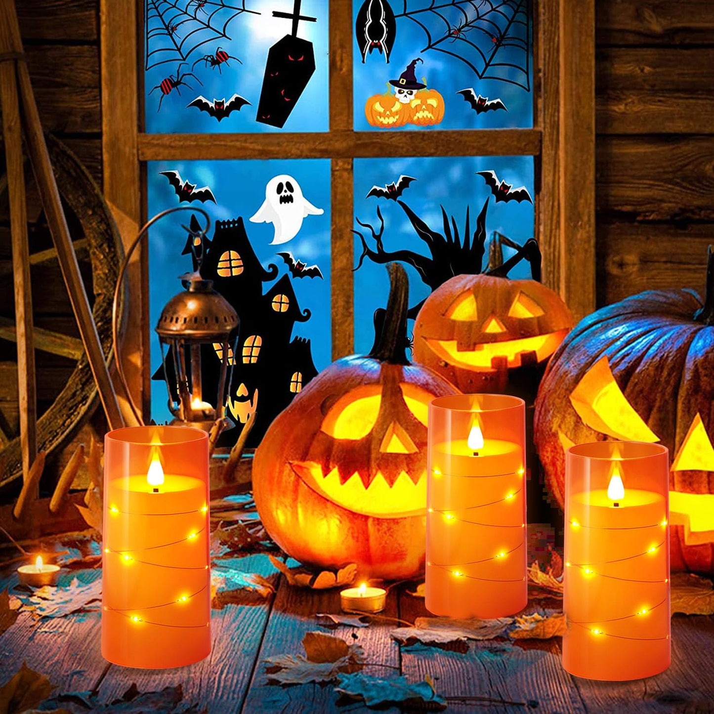NURADA 3"x6"Flickering Flameless Candles: Built-in Star String Lights 3D Wick Battery Operated LED Pillar Candles with Remote and Timer for Halloween Thanksgiving Dinner Tables Home Fall Decor Orange