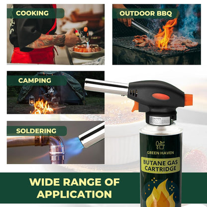Green Haven Blow Torch for Cooking Attachment Head with 4 Gas - One-Handed Gas Torch with Adjustable Flame & Safety Lock, Fits All Butane Tanks, Ideal for Creme Brulee, Desserts, BBQ, Baking