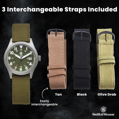 Smith & Wesson Men's Military Watch, 3 Interchangeable Canvas Straps, 3 ATM Water Resistant, Date Display, Scratch Resistant Glass, Military Style Watch for Outdoor Activities, Swimming, 40 mm