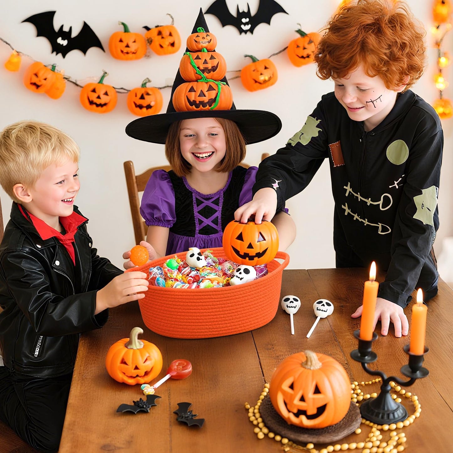 CHICVITA Halloween Basket for Gifts, Boo Basket for Gift Empty, Rope Decorative Baskets with Gift Bags & Ribbon for Baby Girl, 12"x 8"x 5"