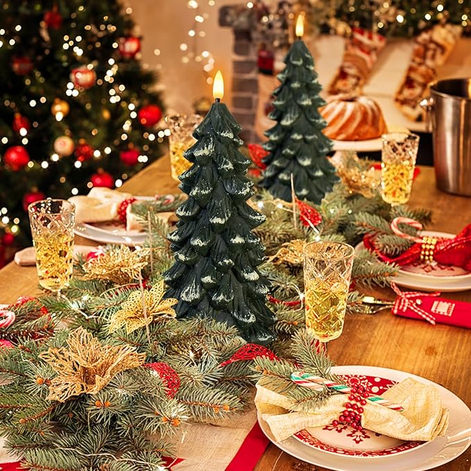 Christmas Tree Shaped Flickering Flameless Candles, Green Real Wax Battery Operated LED Candles with Timer for Christmas Home Party Decoration Christmas Gift Set of 2