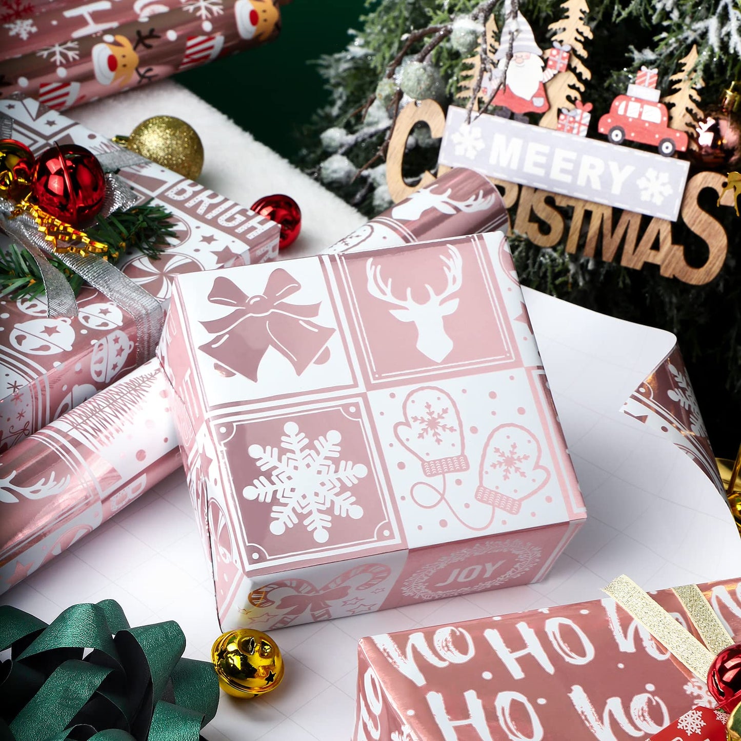 WRAPAHOLIC Christmas Wrapping Paper Set - Rose Gold Santa and Reindeer with Metallic Foil Shine Wrapping Paper Bundle with Gift Bow & Ribbon & Tag & Sticker