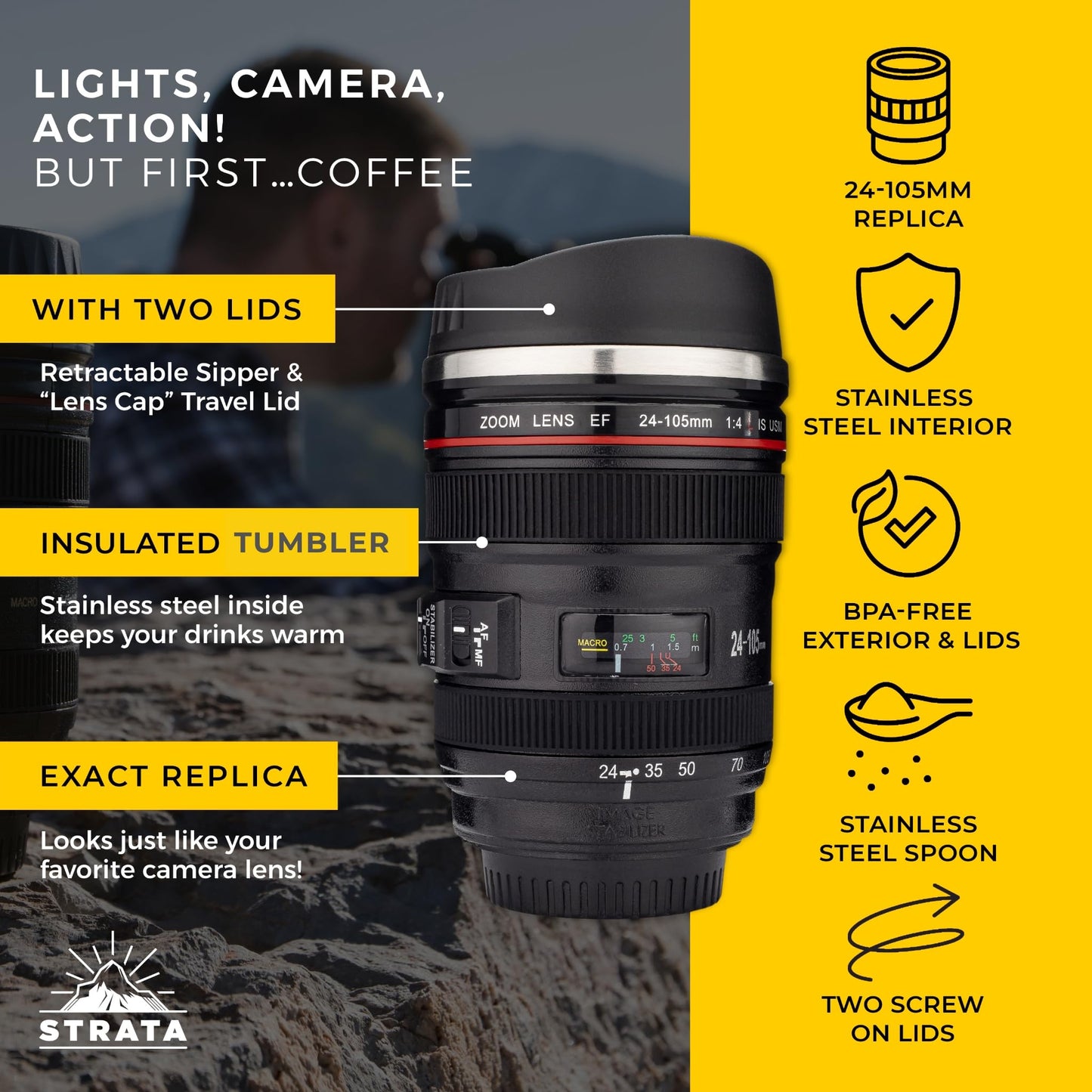 STRATA CUPS Camera Lens Coffee Mug -13.5oz | (2 LIDS + SPOON + BAG) Gift for Him, Dad Gifts, Photography, Camera accessories, Novelty Gifts