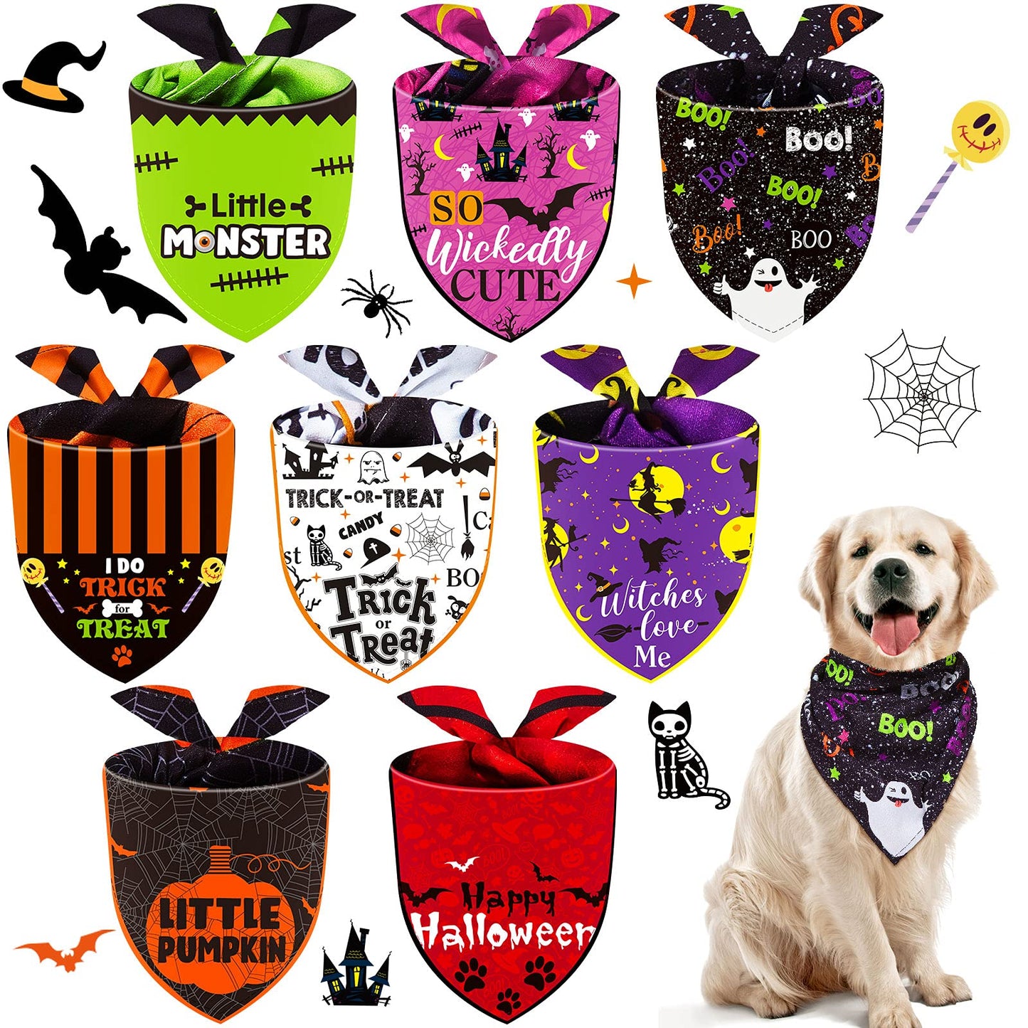 8 Pieces Halloween Dog Bandanas Pumpkin Bat Dog Triangle Bid Adjustable Pet Scarf for Halloween Holiday Costume(Witch Style)