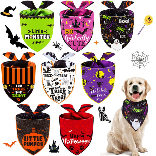 8 Pieces Halloween Dog Bandanas Pumpkin Bat Dog Triangle Bid Adjustable Pet Scarf for Halloween Holiday Costume(Witch Style)